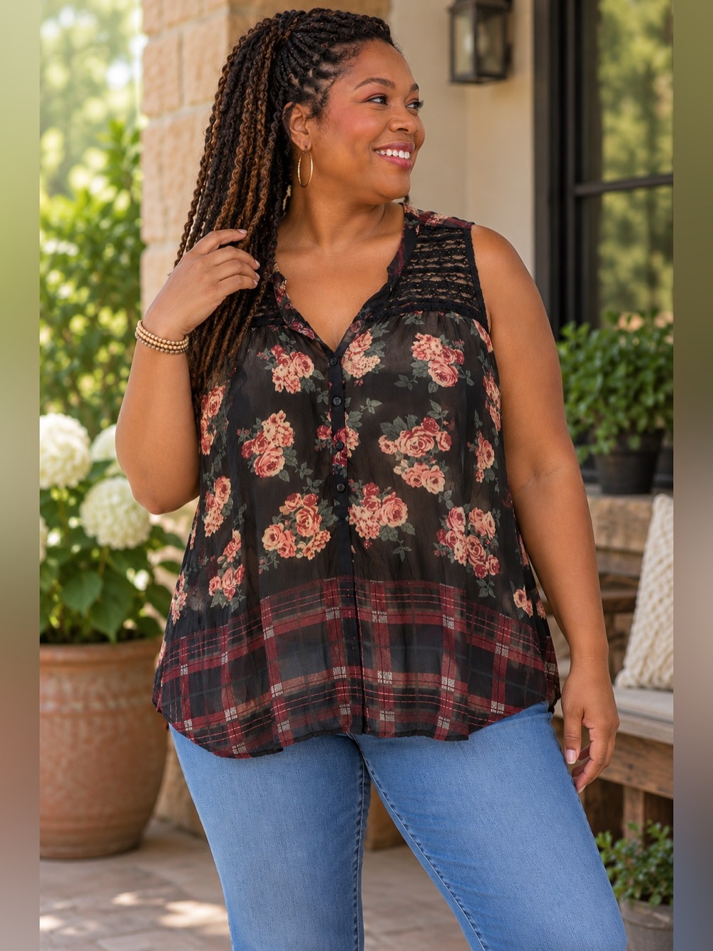 Floral Lace Yoke Sleeveless Blouse - Black with Pink Roses